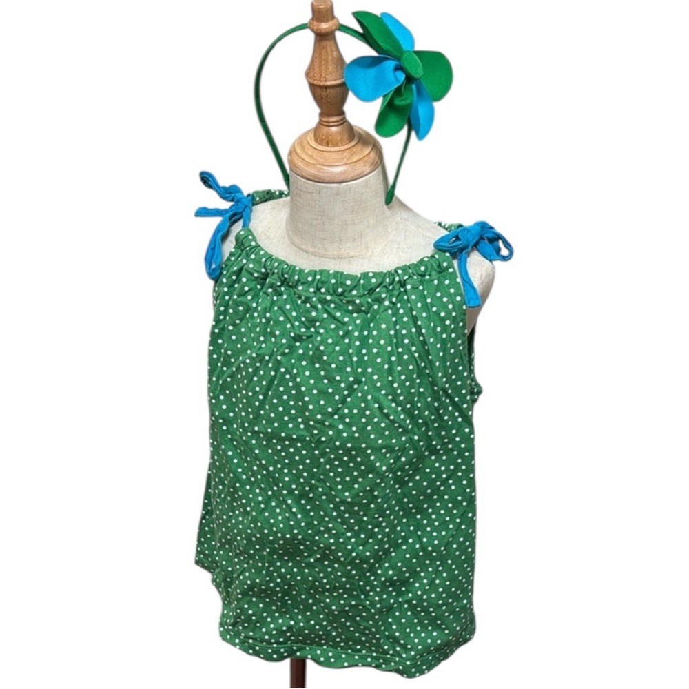 Hanna Andersson Top & Headband: Green Polka Dot Pillowcase Style Playful 130cm